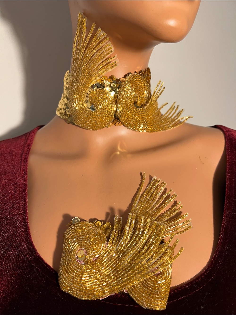 Gold Sequin Winged Choker Necklace - Elegant Statement Neckpiece